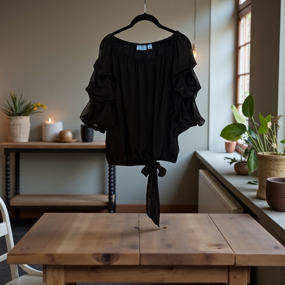 CeCe Black Ruffle Sleeve Blouse - Picture 4 of 6
